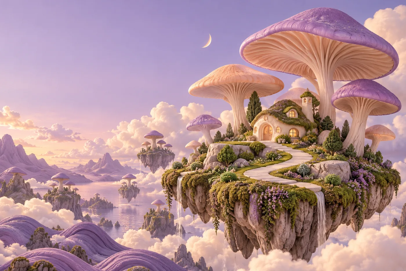 A floating island with giant lilac mushrooms and a winding path drifting through a dreamy sky
