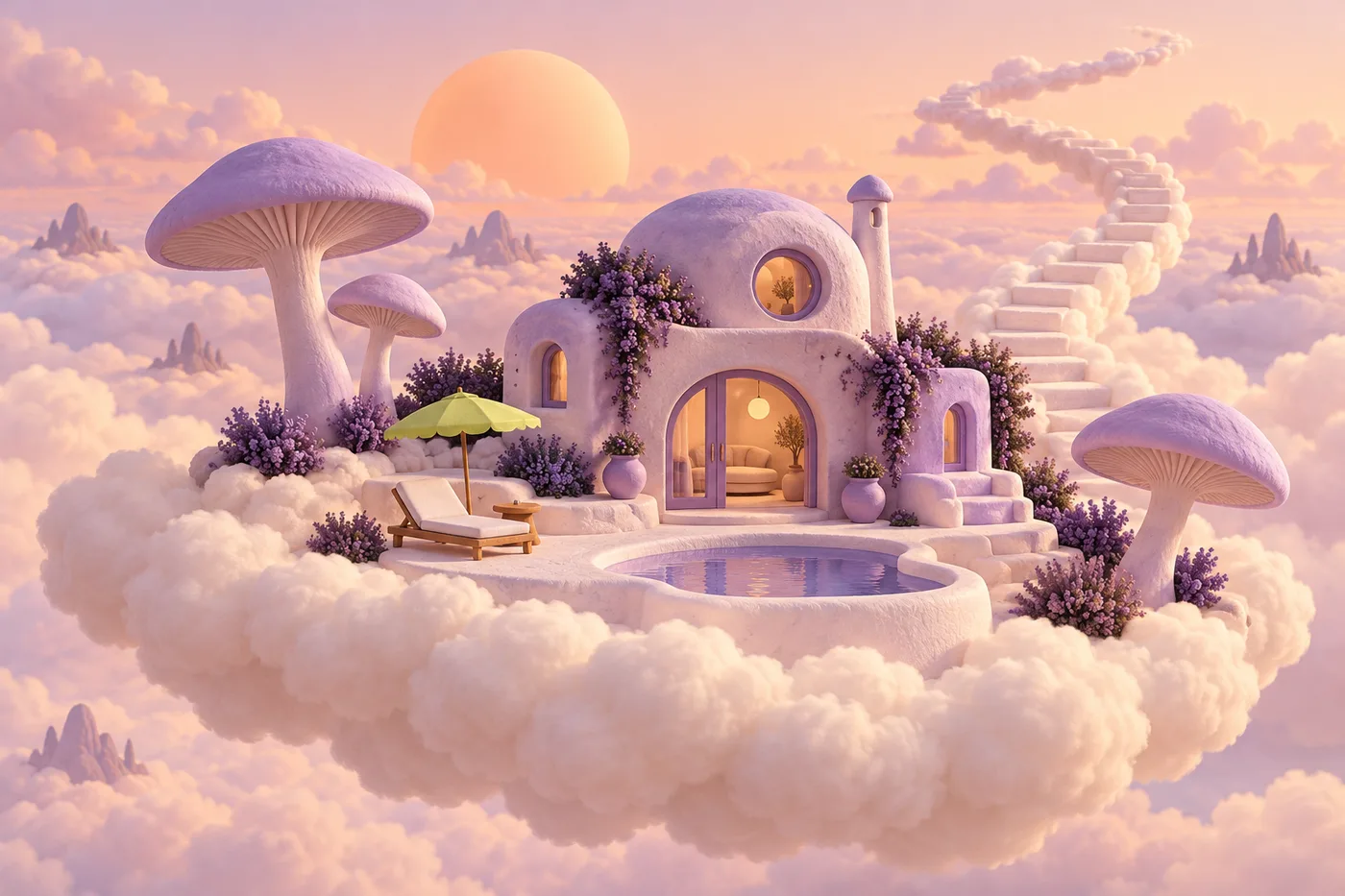 A lilac villa with mushroom-shaped roofs floating on a soft bank of clouds